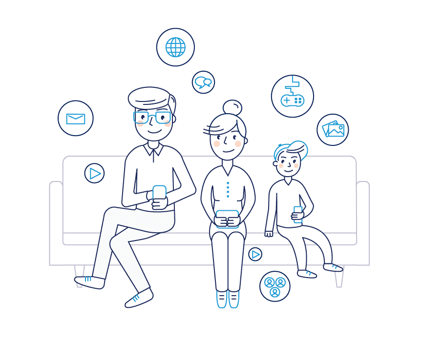 graphic of family with tech icons around them