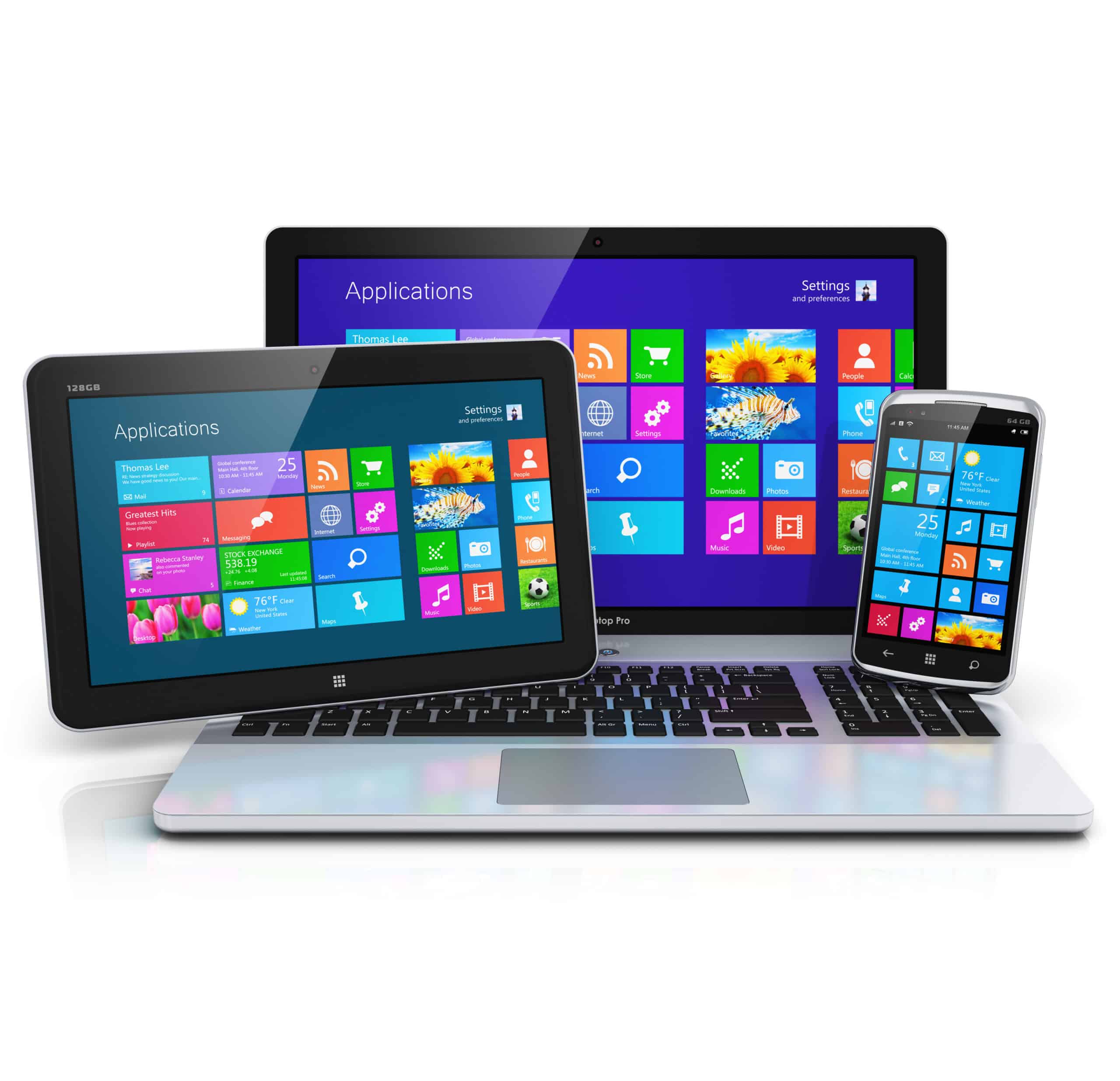 tablet, laptop and mobile device displaying Windows applications